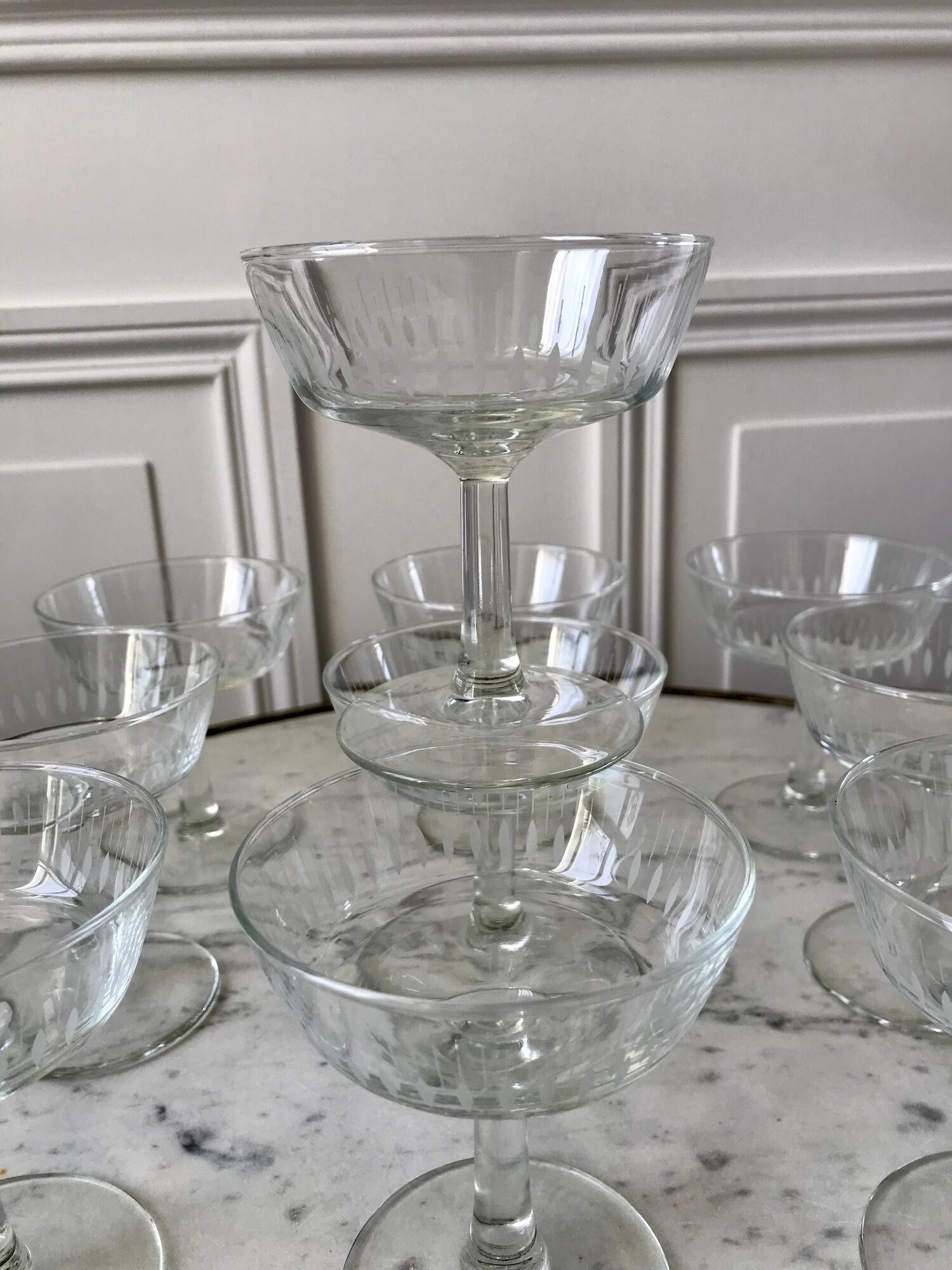 Lot de 10 coupes à champagne en verre cristallin années 50-60