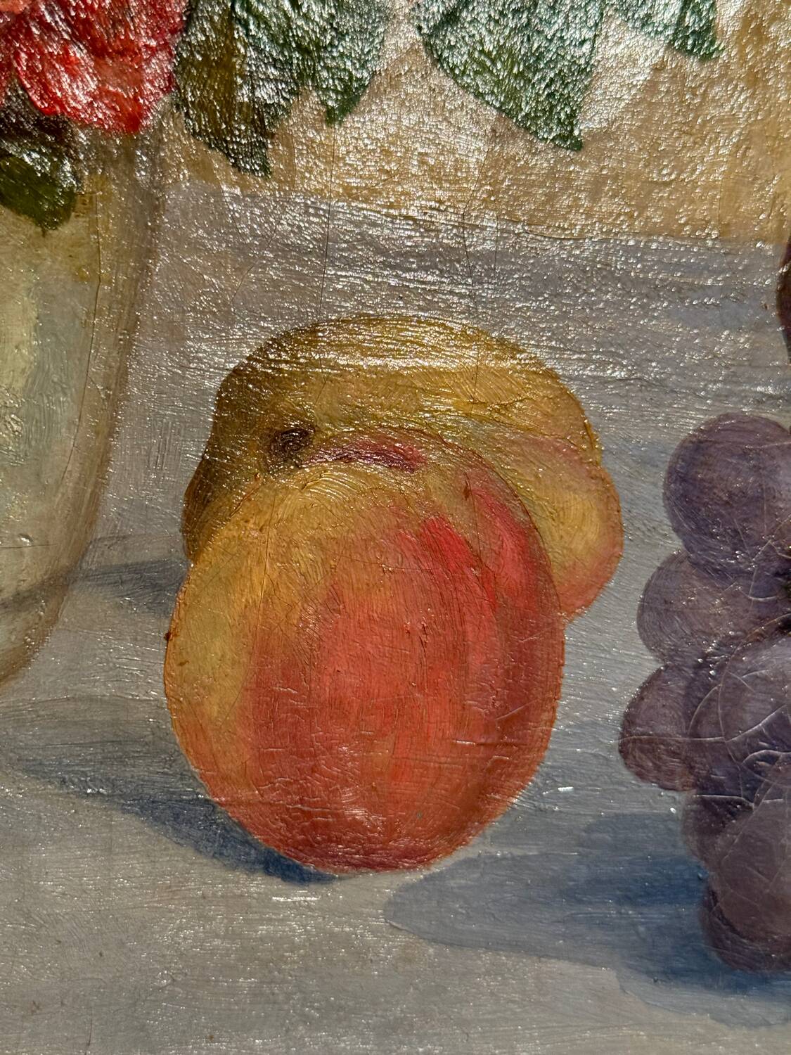 Old painting, Still life or roses and fruits, early 20th century