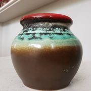 Vintage KIL Yugoslavia Pottery Vase: Brown, Turquoise & Red Rim, 1970s