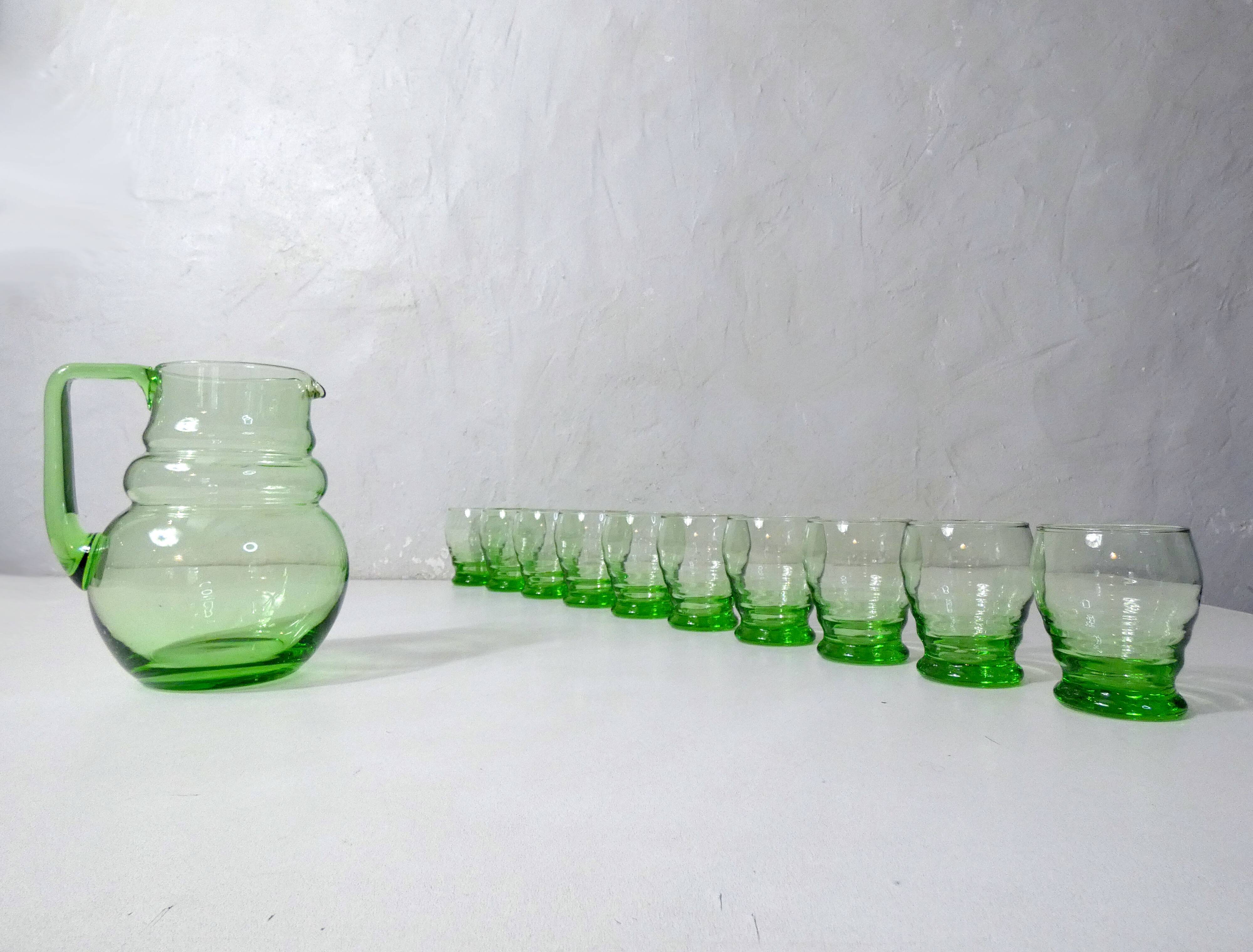old service 10 water glasses and carafe in blown glass