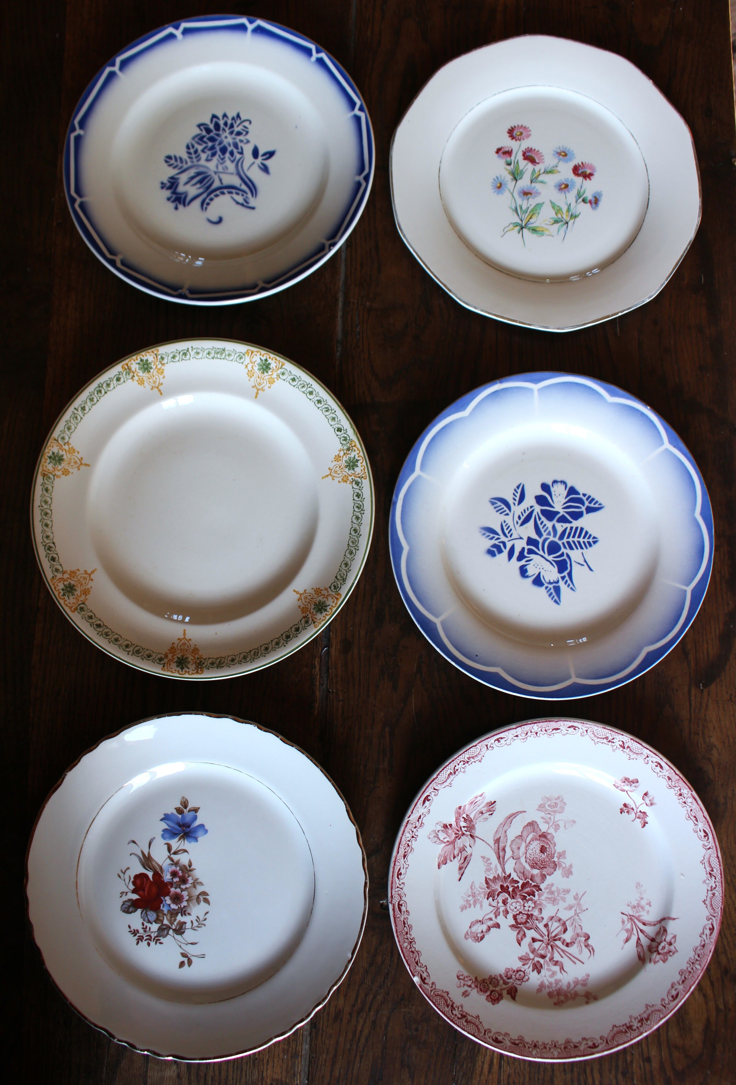 6 mismatched flat plates Fontanges Marsac Longwy Digoin