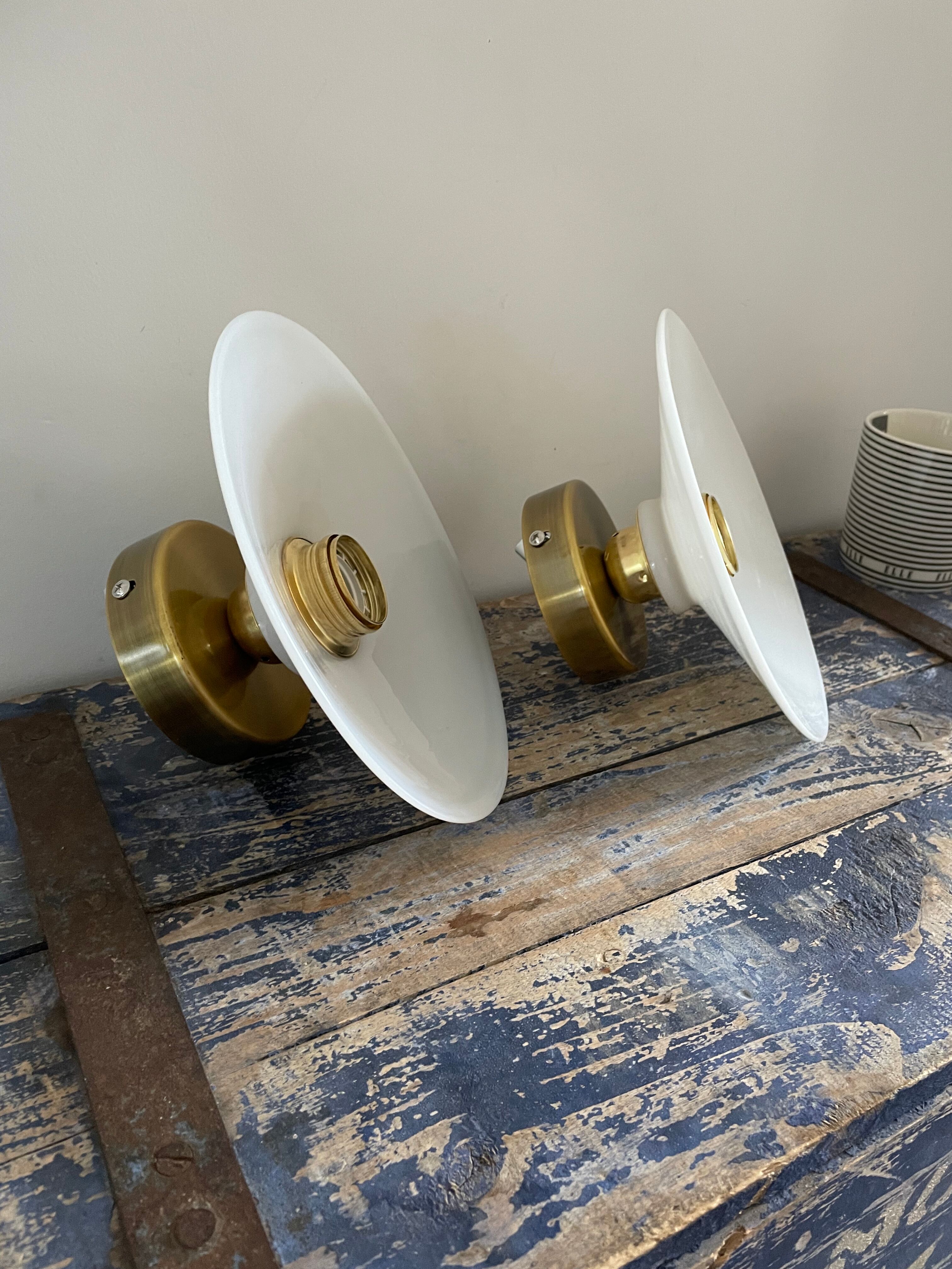 Pair of vintage white opaline wall lamps electrified to nine