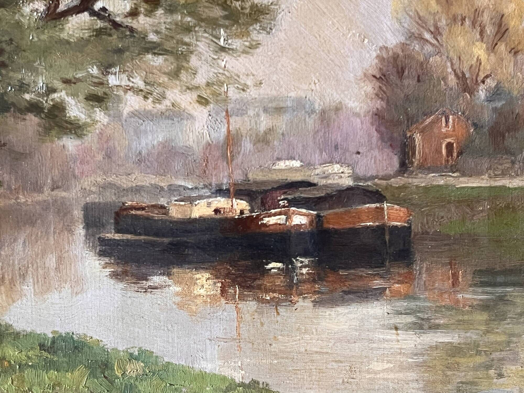 Authentic oil on canvas of a landscape with barges, view of the Seine.