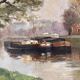 Authentic oil on canvas of a landscape with barges, view of the Seine.