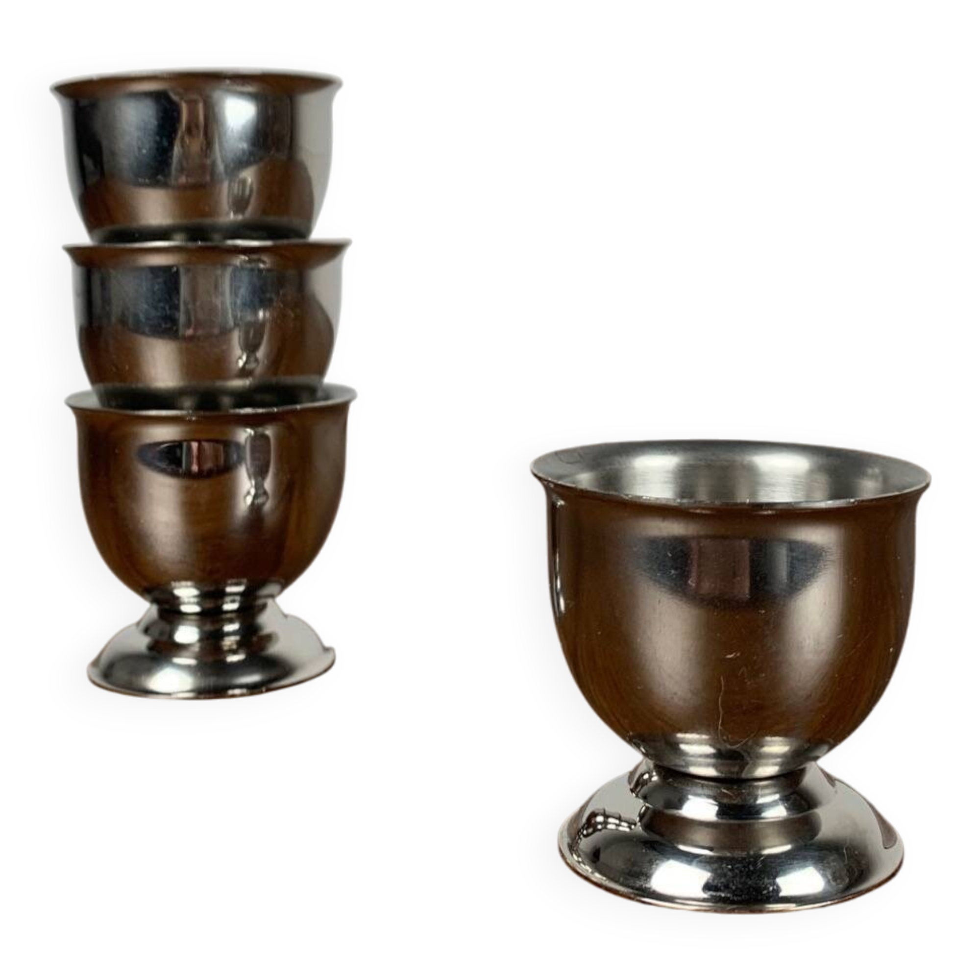 Set of 4 stainless steel egg cups, 1970