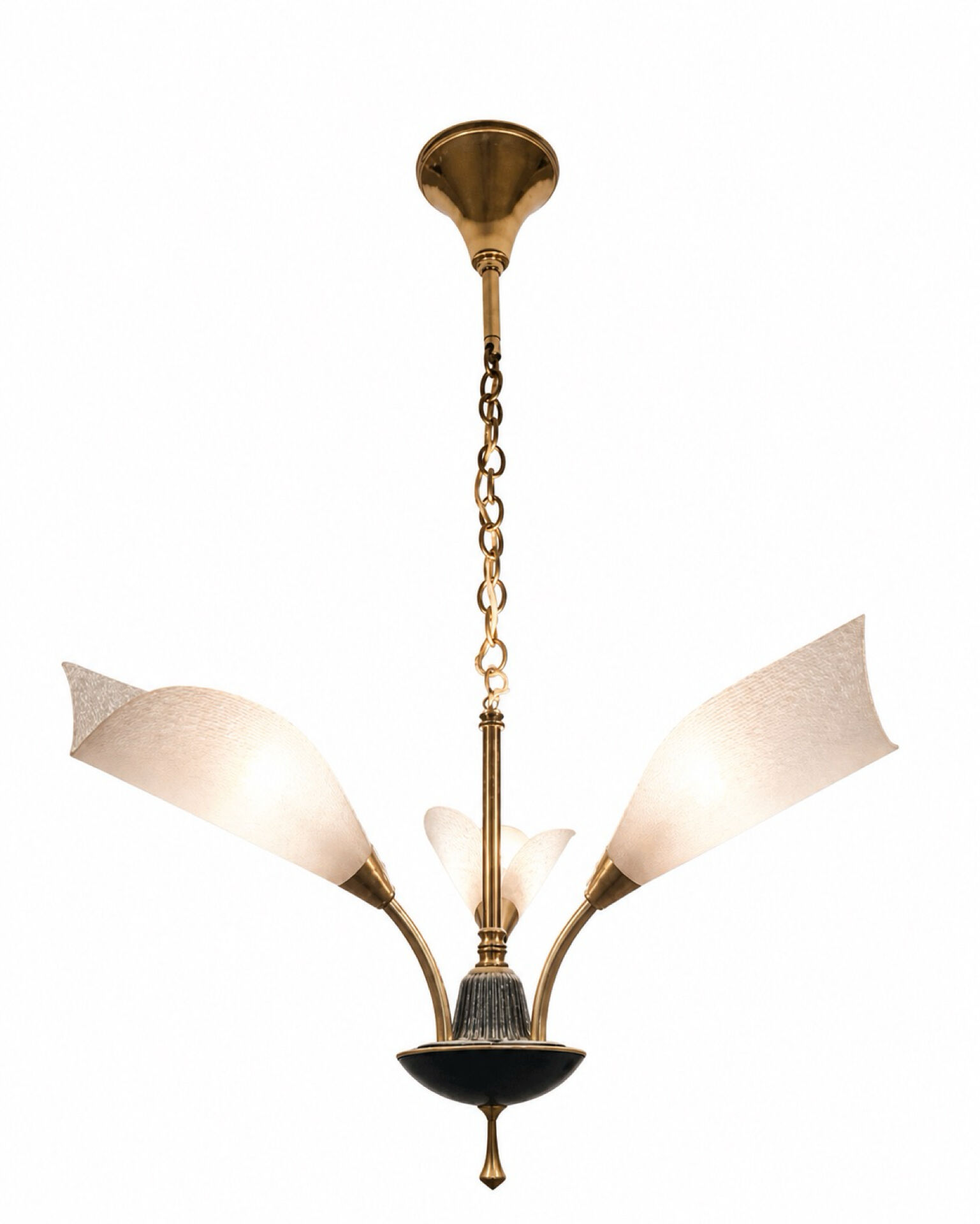 Vintage Mid-Century brass three-arm chandelier with frosted glass tulips.