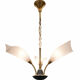 Vintage Mid-Century brass three-arm chandelier with frosted glass tulips.
