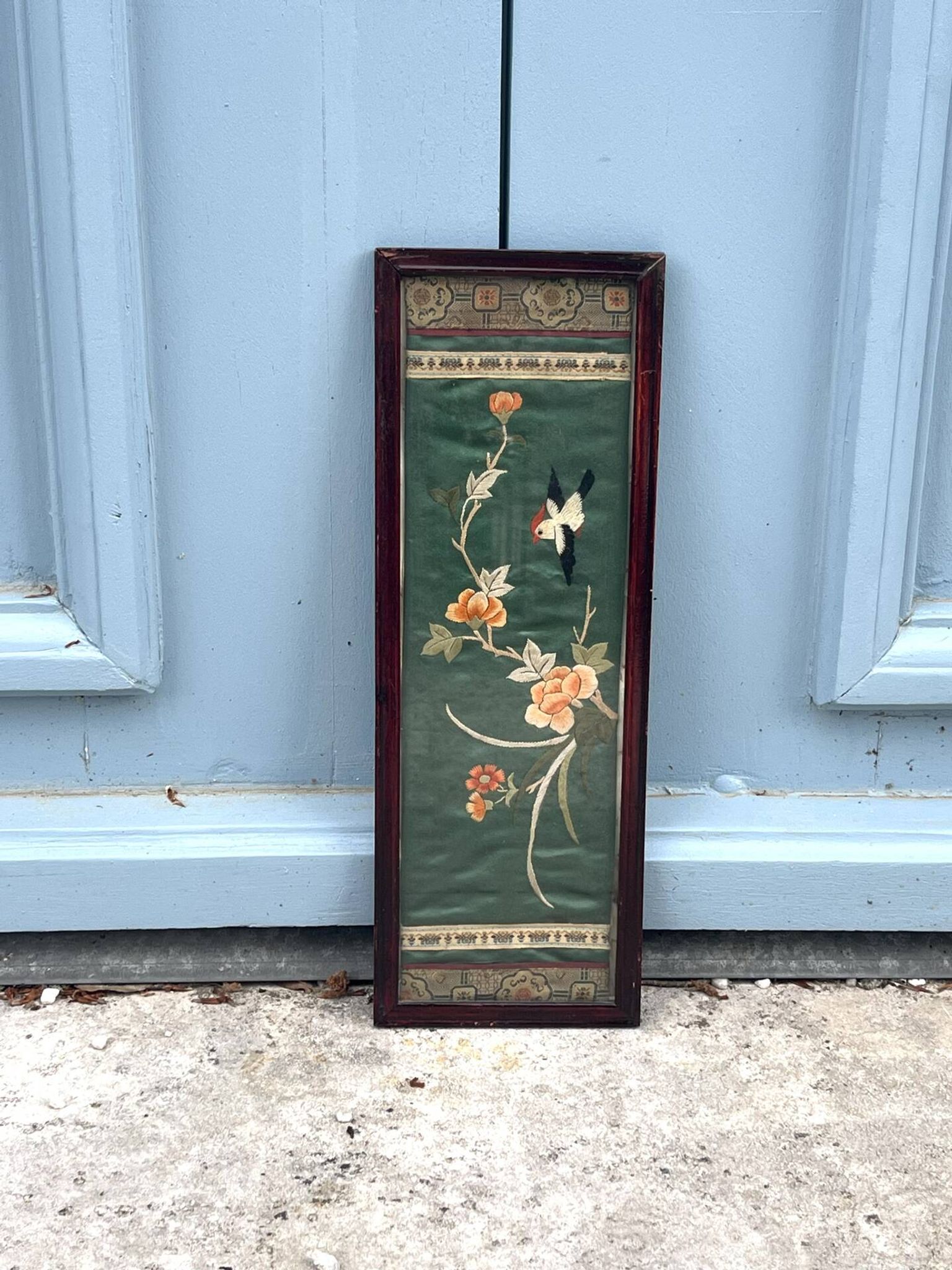Framed Chinese Silk Embroidery Panel with Bird and Blossoms