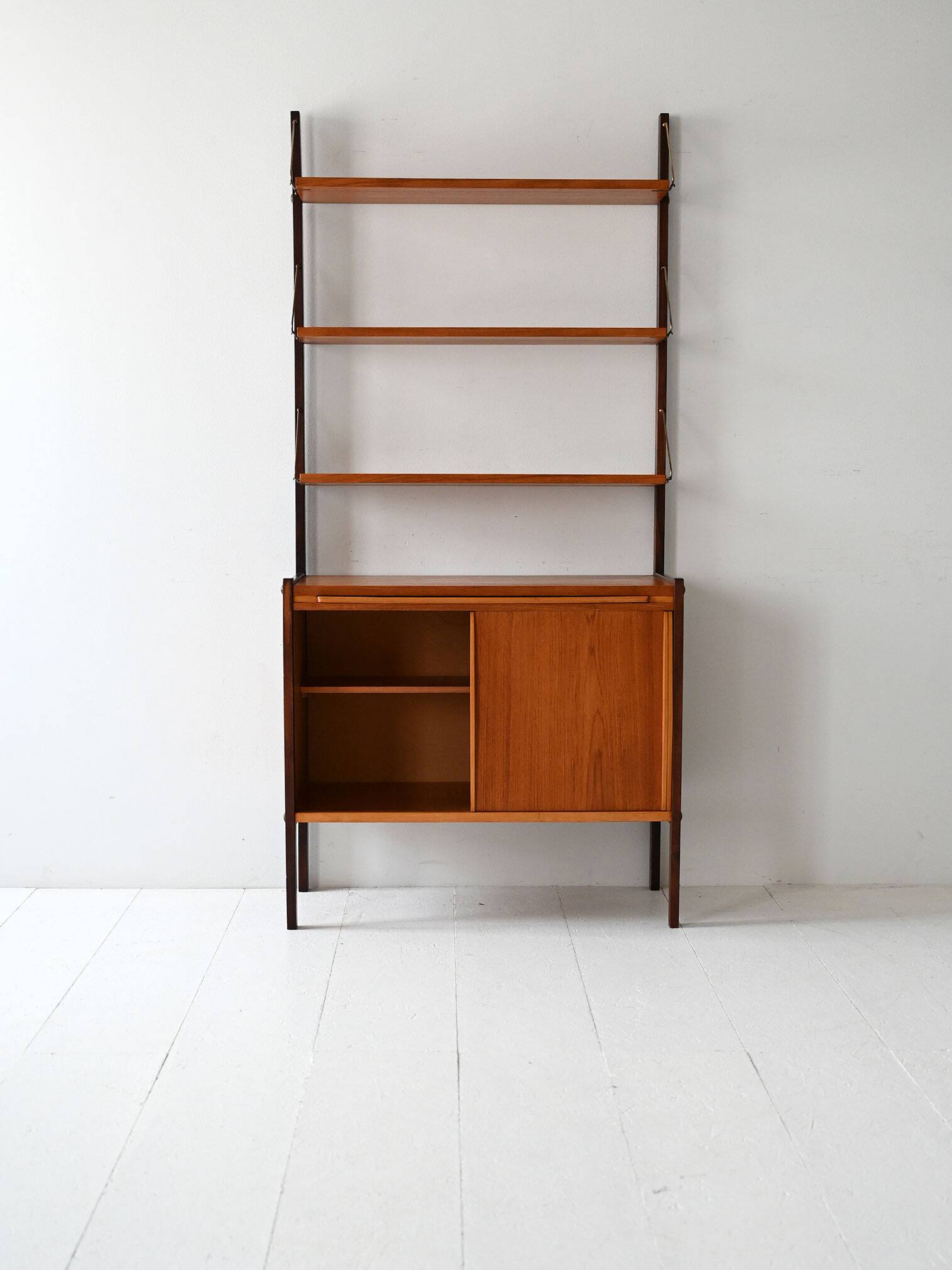 Vintage Scandinavian bookcase with pull-out desk and brass supports