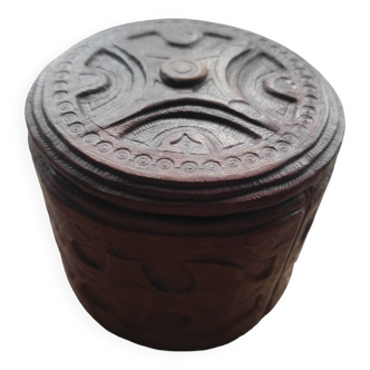 Round box in wood and Tuareg leather