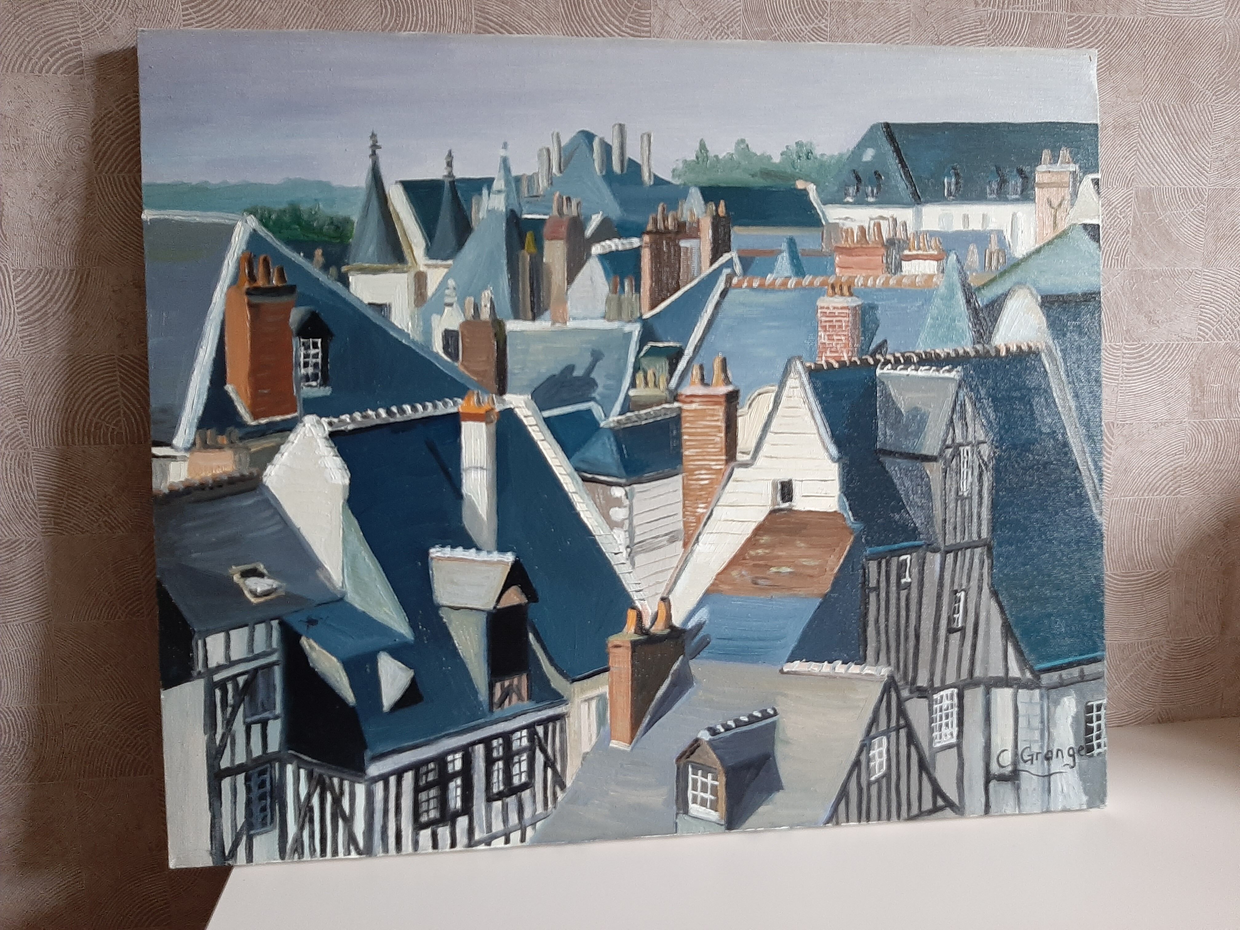 Oil on canvas "the roofs of old tours" by c.grange