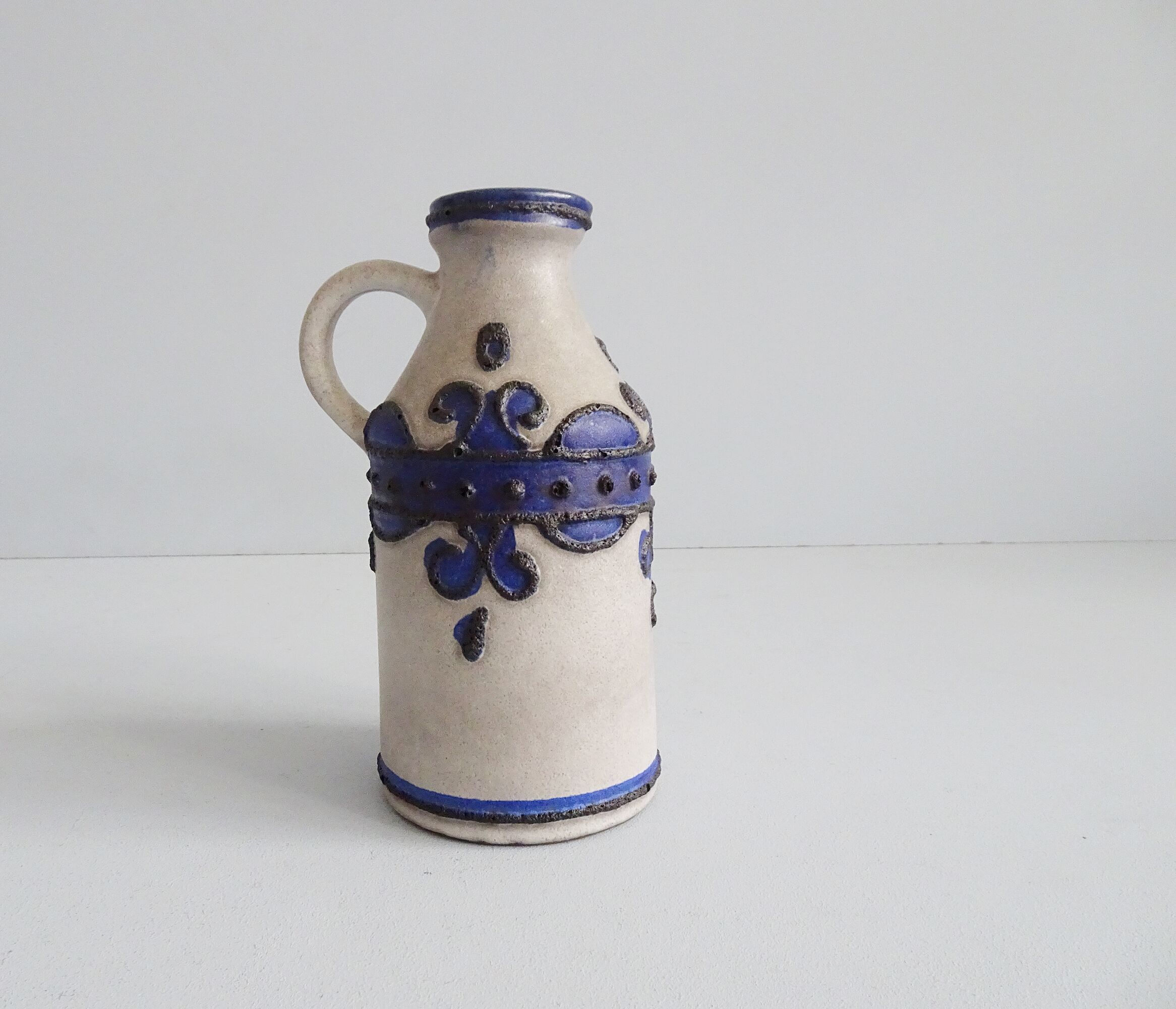 VEB Haldensleben ceramic vase gray and blue with black Fat Lava decor, gray jug vase