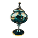 Decorative bowl in blue enamelled and gilded glass, red cabochons – height 32 cm