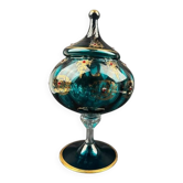 Decorative bowl in blue enamelled and gilded glass, red cabochons – height 32 cm