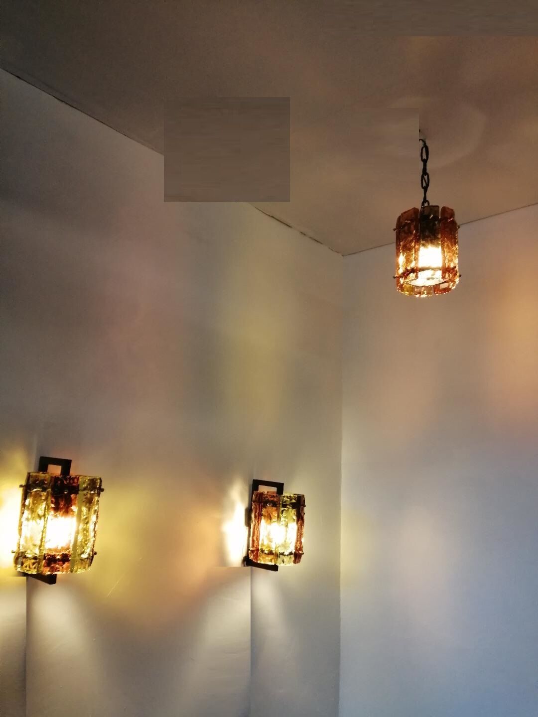 Pair of brutalist wall lamps and hanging lamps