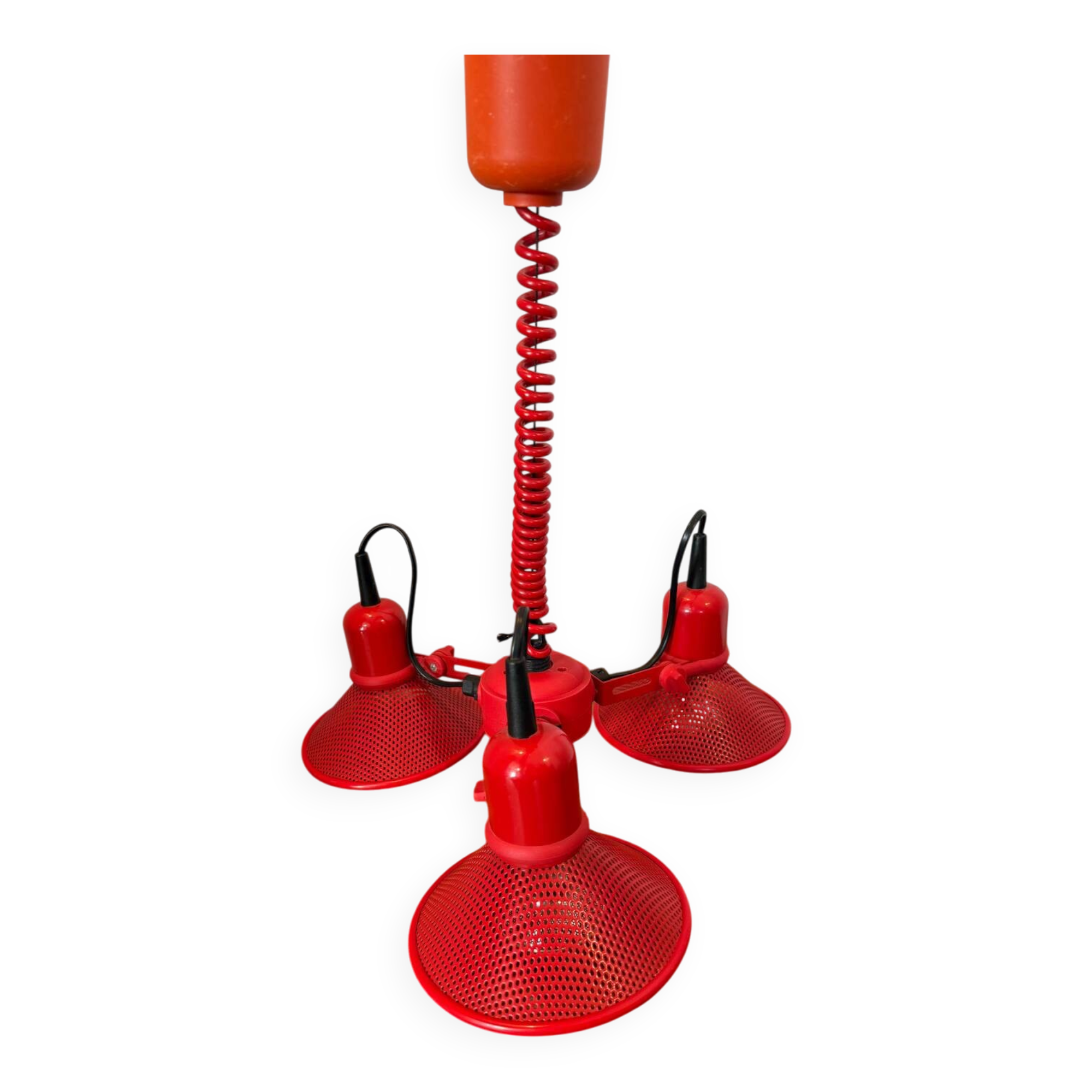 Three-lamp suspension in Memphis design style in red metal.