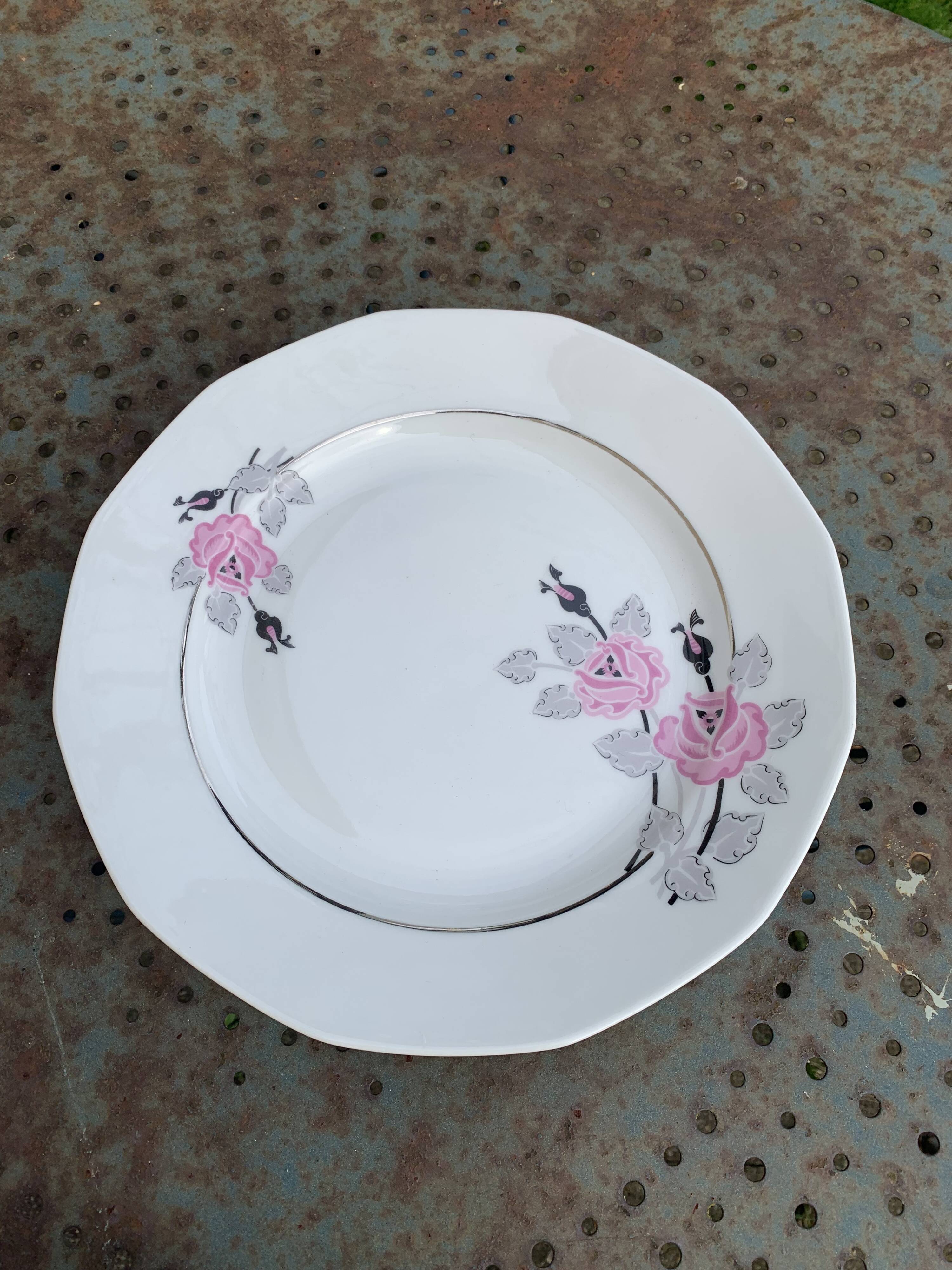 Set of two art deco porcelain dishes, limoges france, BRB, pink flowers