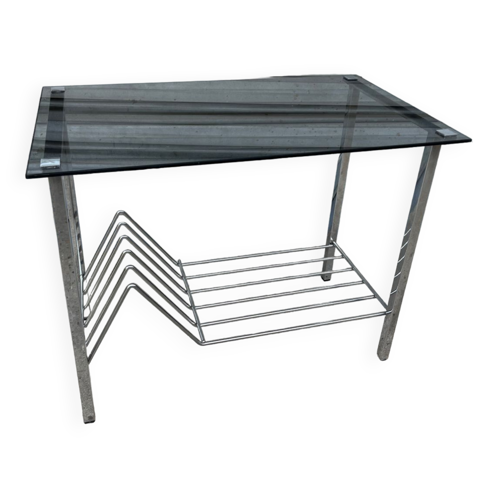Coffee table, vinyl storage or metal and smoked glass occasional furniture
