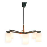 Vintage - Denemarken - Plafonlamp 6 armige - teck - métal - verre opalin - années 60
