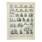 Gravure ancienne 1898, Bateau à voile et navire 1 • Lithographie originale et vintage