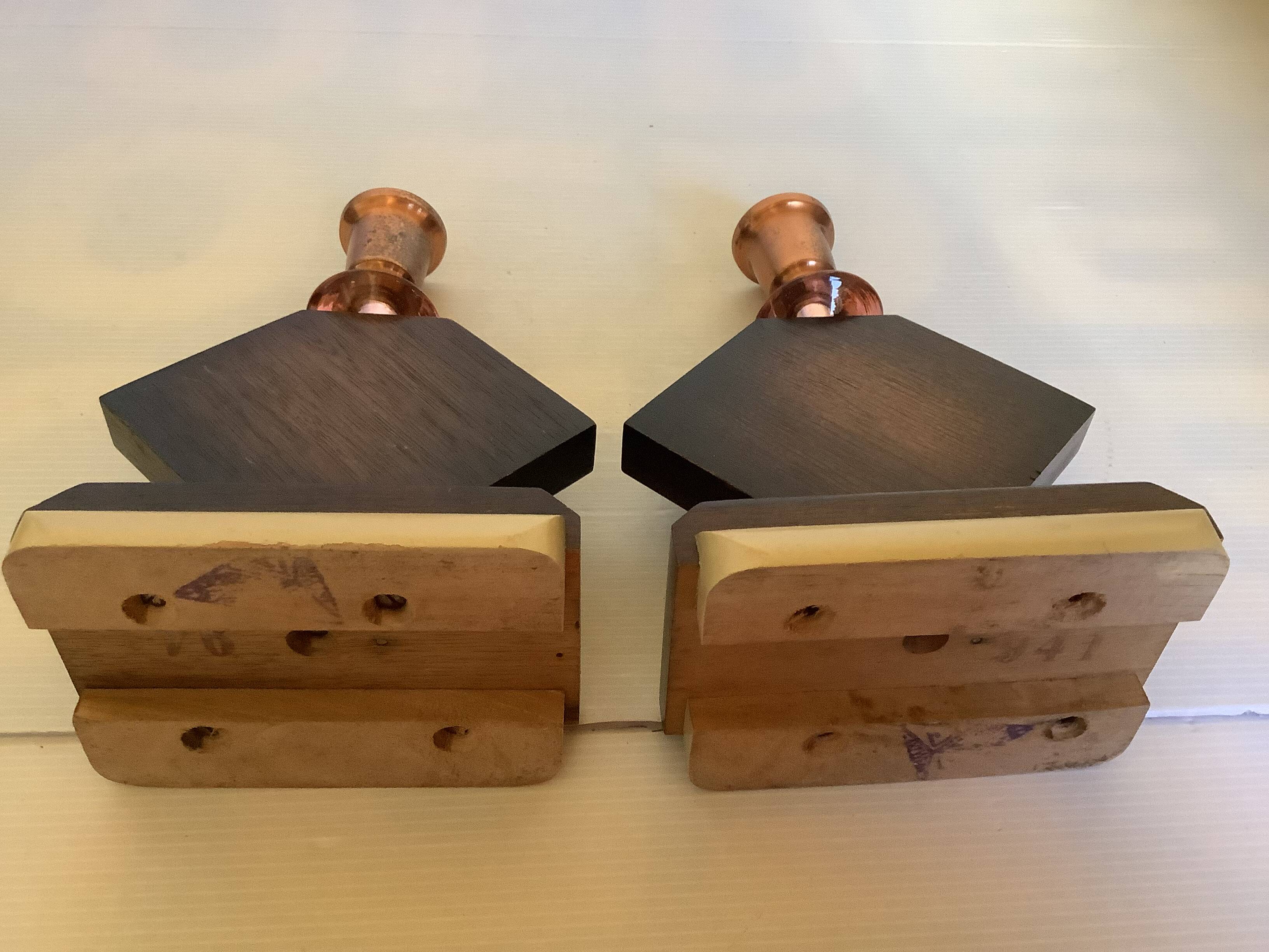 Pair of geometric wooden candlesticks from the 1950s.