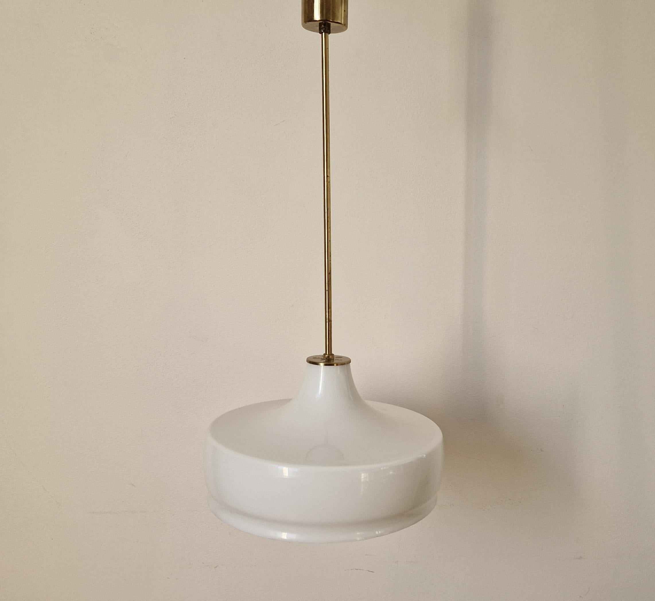 Rare Midcentury Brass and Milk Glass Pendant Kamenicky Senov, 1970s