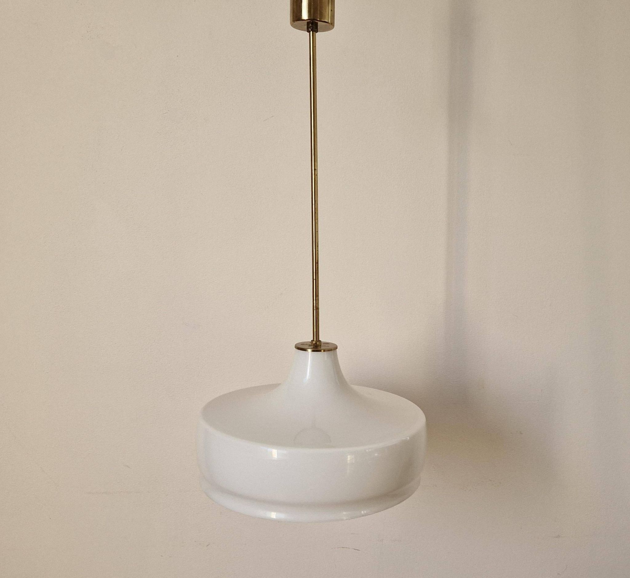 Rare Midcentury Brass and Milk Glass Pendant Kamenicky Senov, 1970s