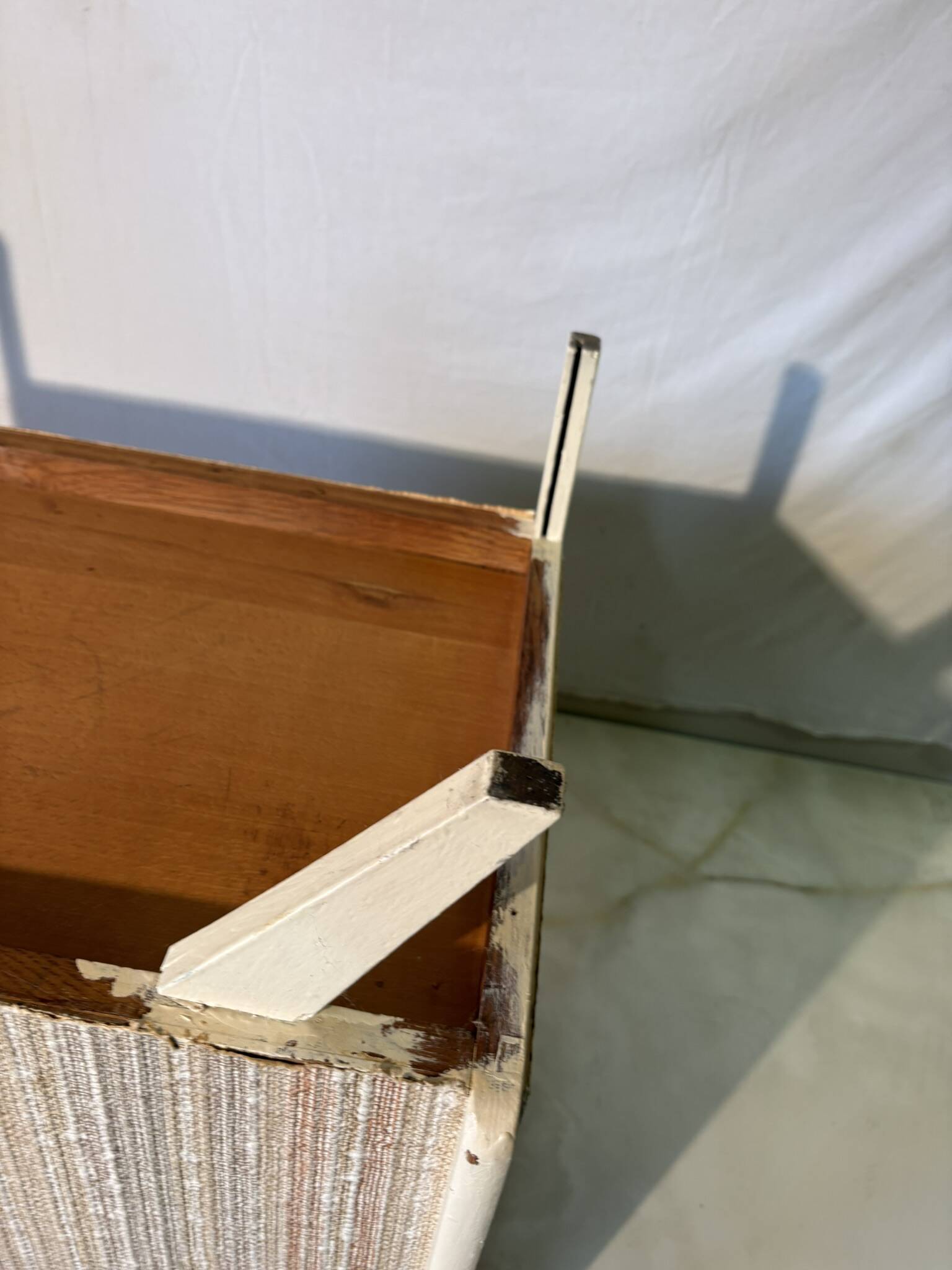 Vintage upholstered chest, white lacquered wooden structure, 1960s-70s