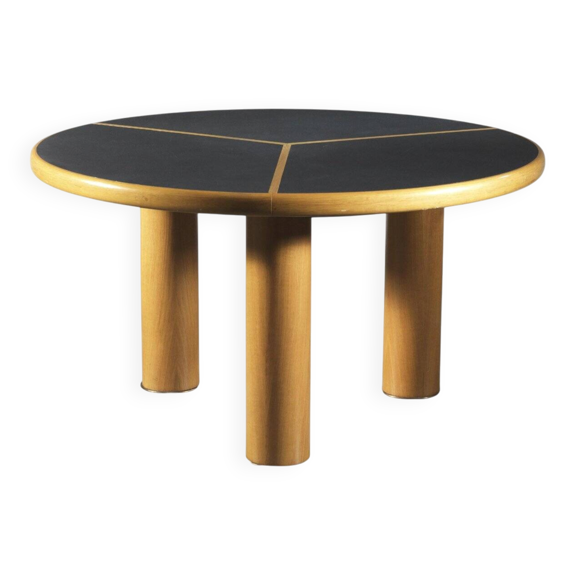 Sculptural Round Table in Wood, Brass and Dark Laminate, Italy 1970s