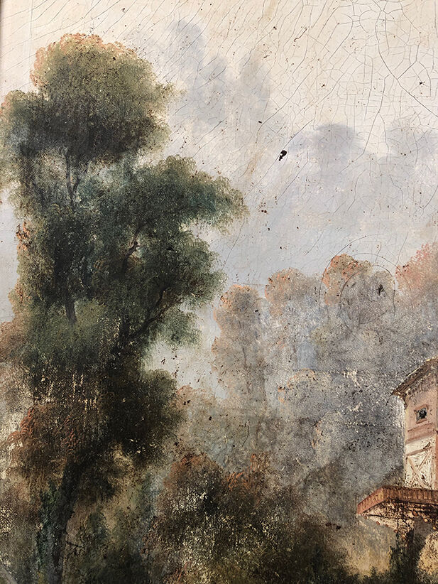 Trumeau decorated with a lively landscape, stuccoed and gilded frame 59x125cm