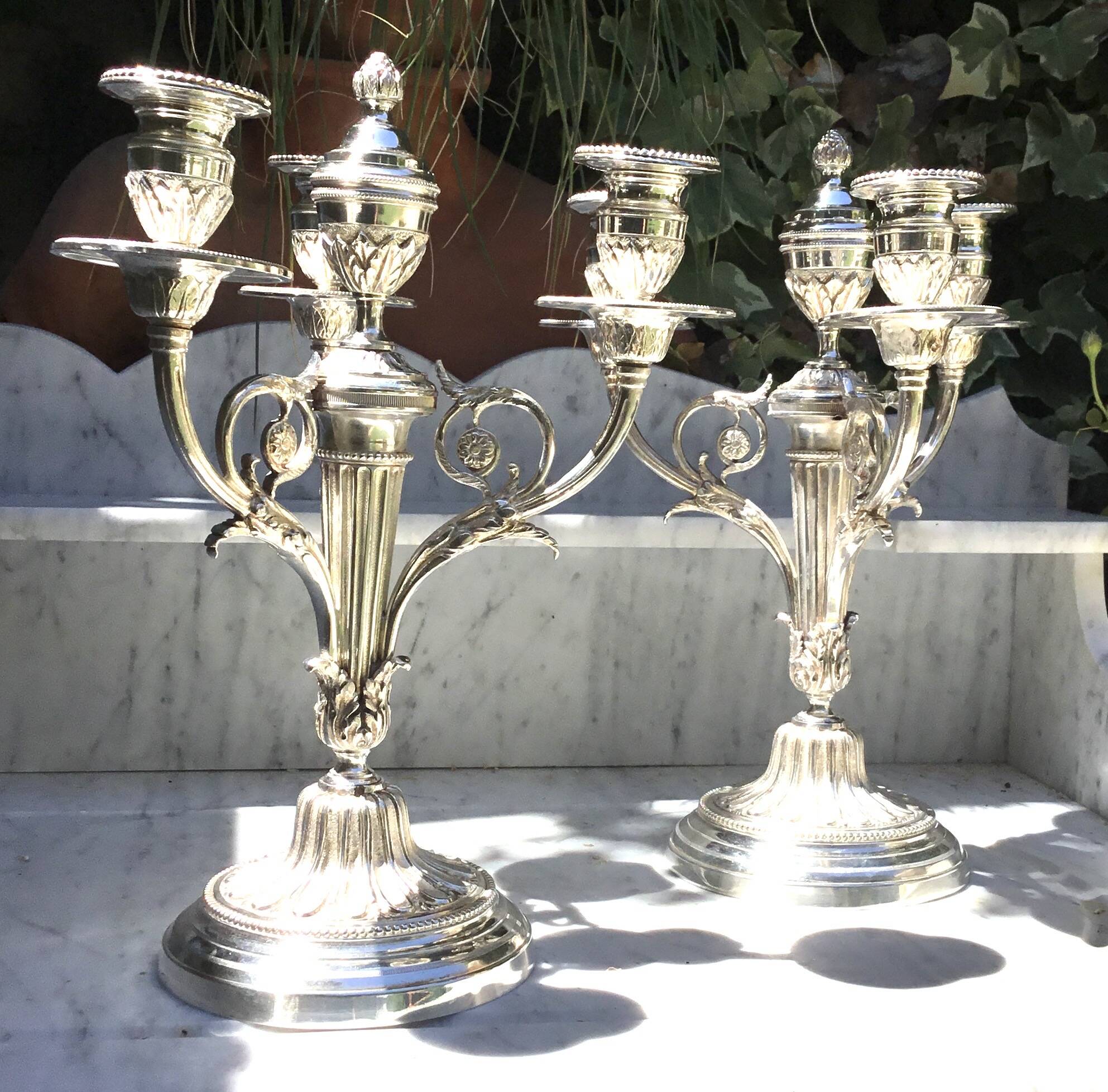 Pair of silver-plated candelabra in Louis XVI style