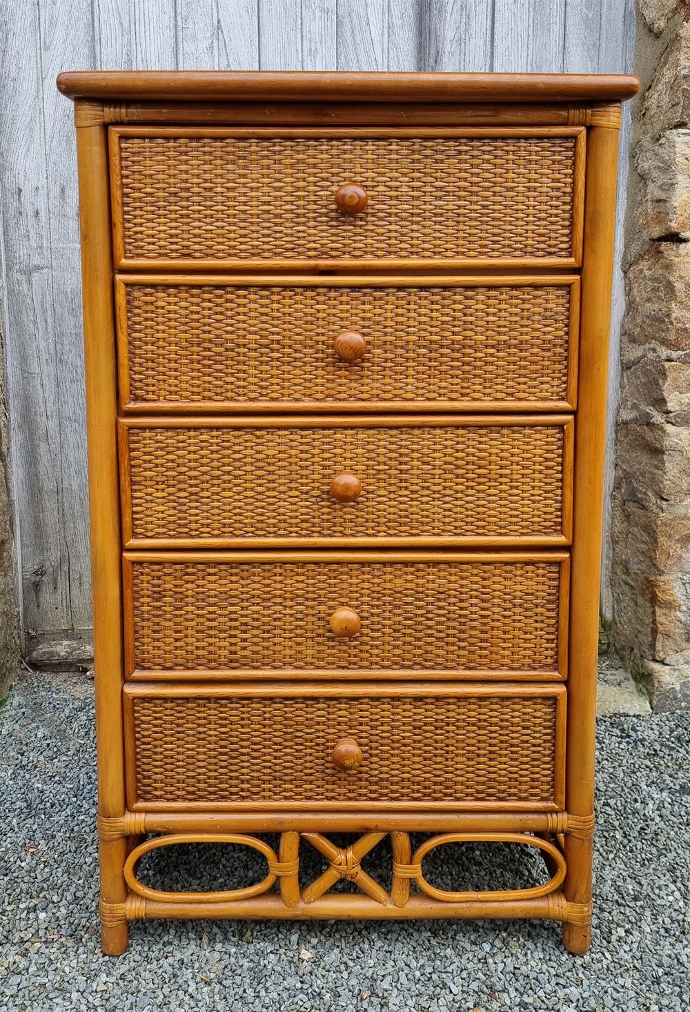 Semainier Maugrion for Roche Bobois, wood and rattan, 80s
