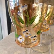 Service of 6 glasses and 1 carafe painted glass and enamel decorated with small flowers