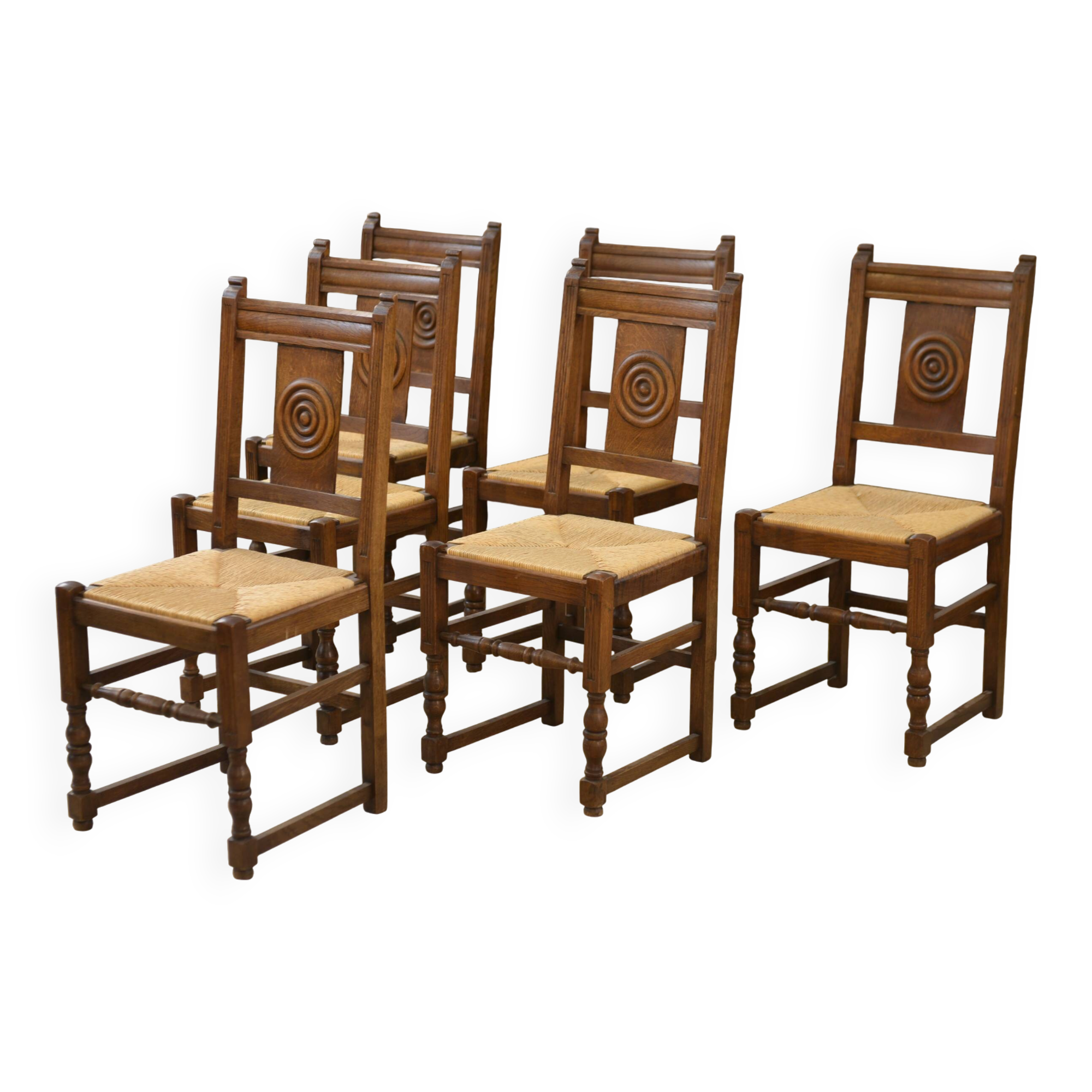 Set of 6 brutalist oak chairs from the 1950s.