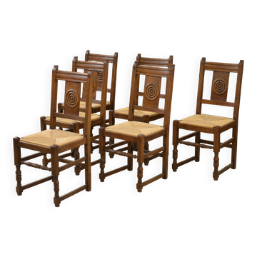 Set of 6 brutalist oak chairs from the 1950s.