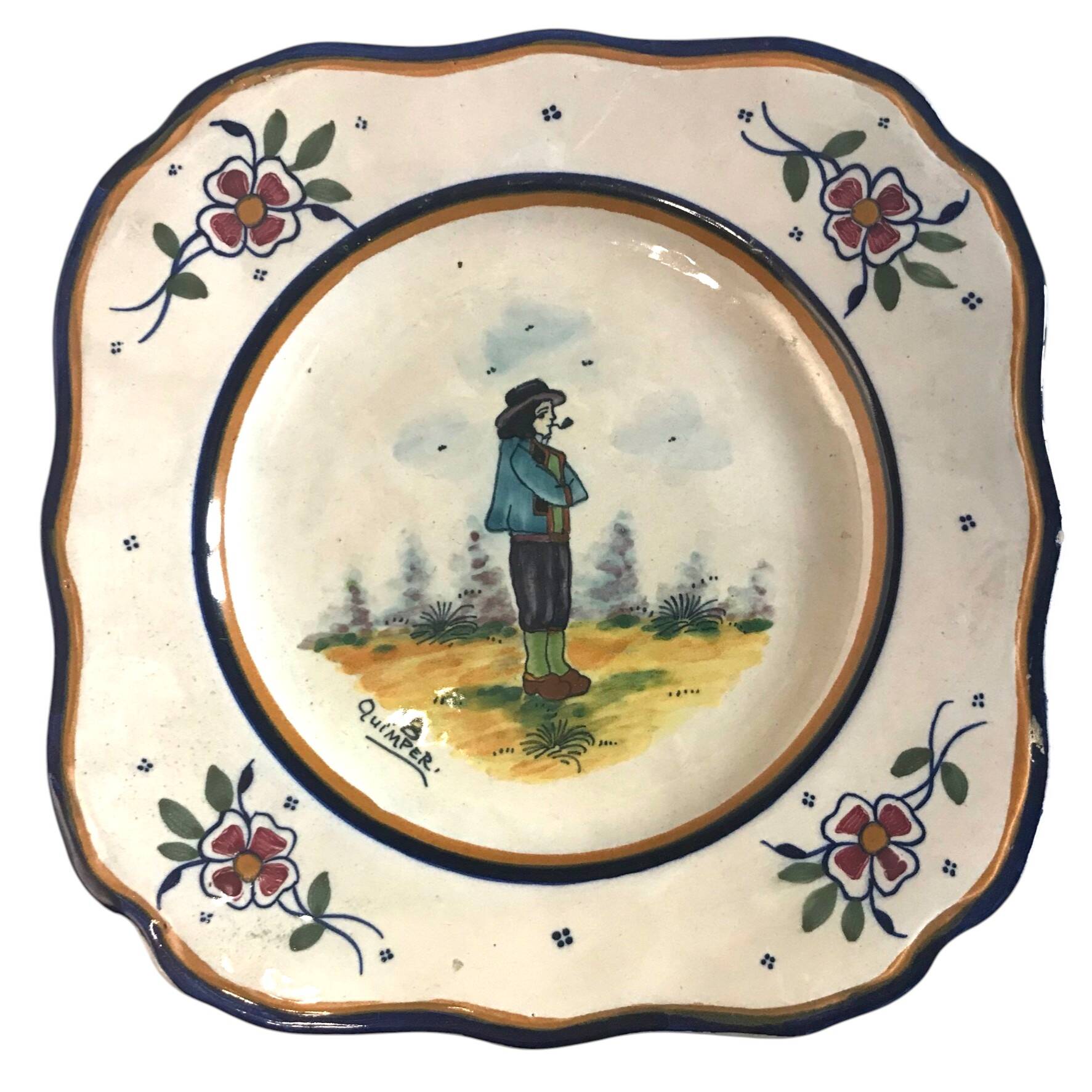 Quimper HB two square plates of Breton peasants from the early 20th century