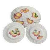 Tart dish and two dessert plates in Sarreguemines earthenware.