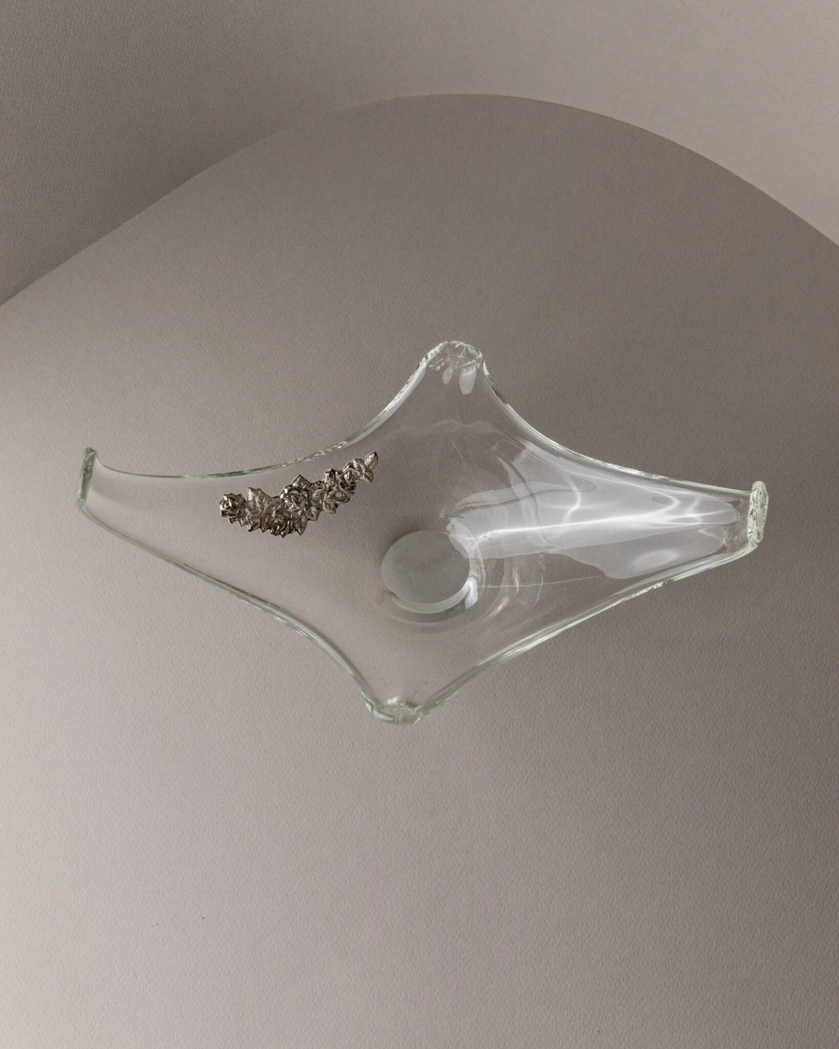 Transparent Murano Glass Bowl with Sterling Silver Flowers – Pointed, Italy 1970s Gift-worthy Centerpiece