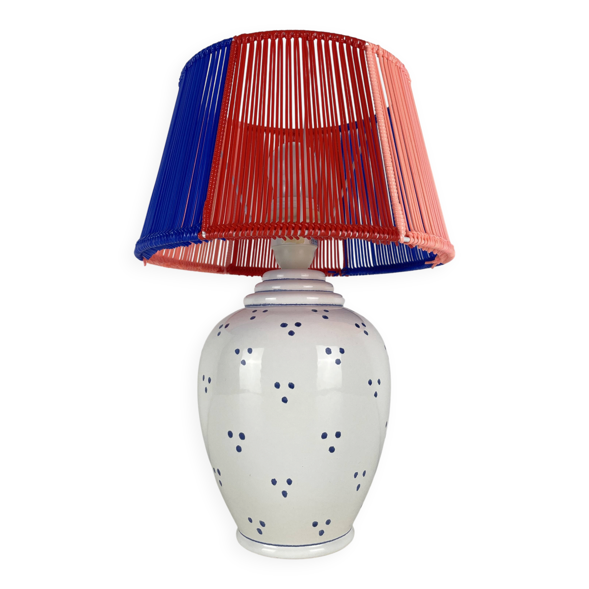 Lampe vintage céramique et abat-jour scoubidou