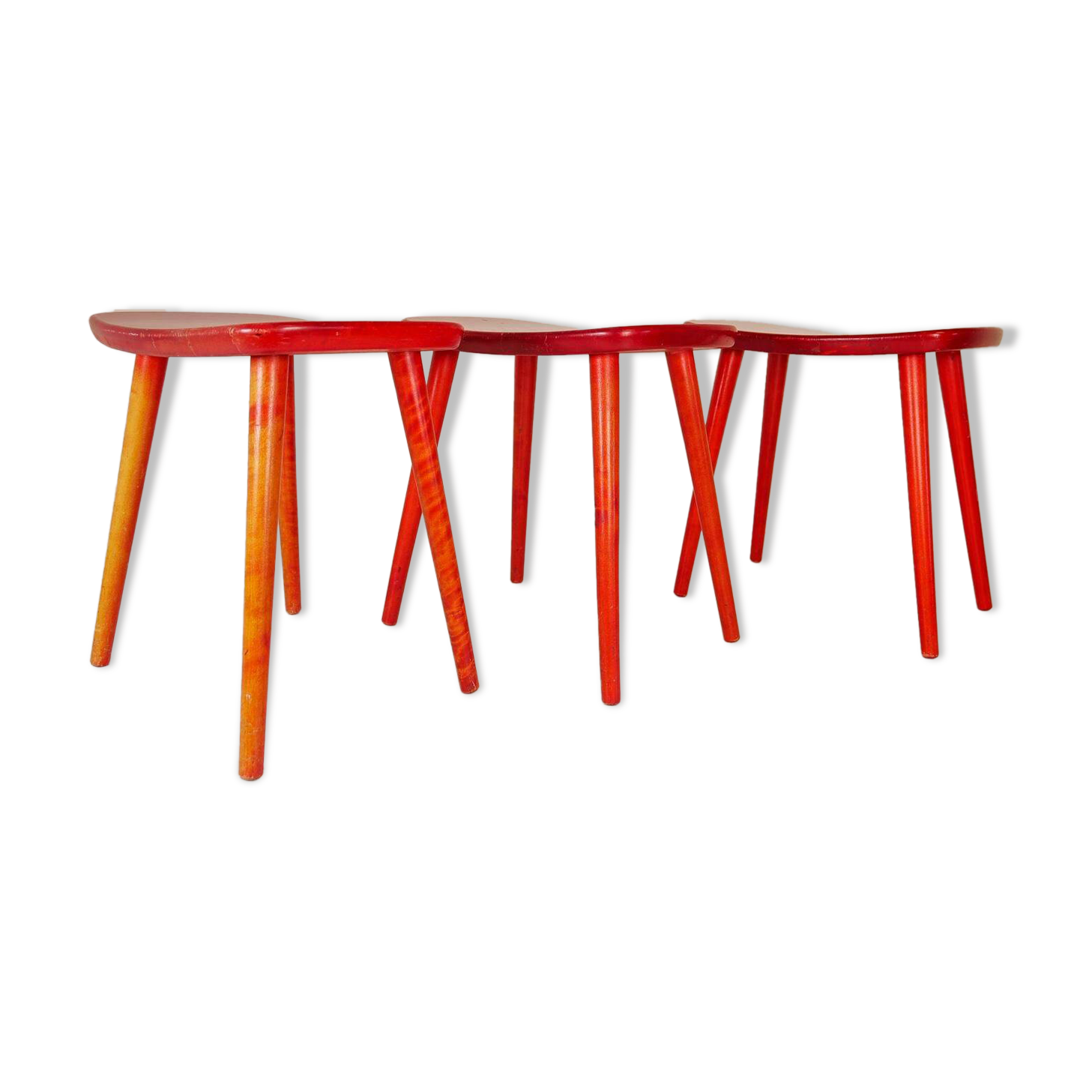 Swedish stools in red lacquered birch, Yngve Ekström "Palle", 1970s