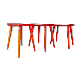 Swedish stools in red lacquered birch, Yngve Ekström "Palle", 1970s