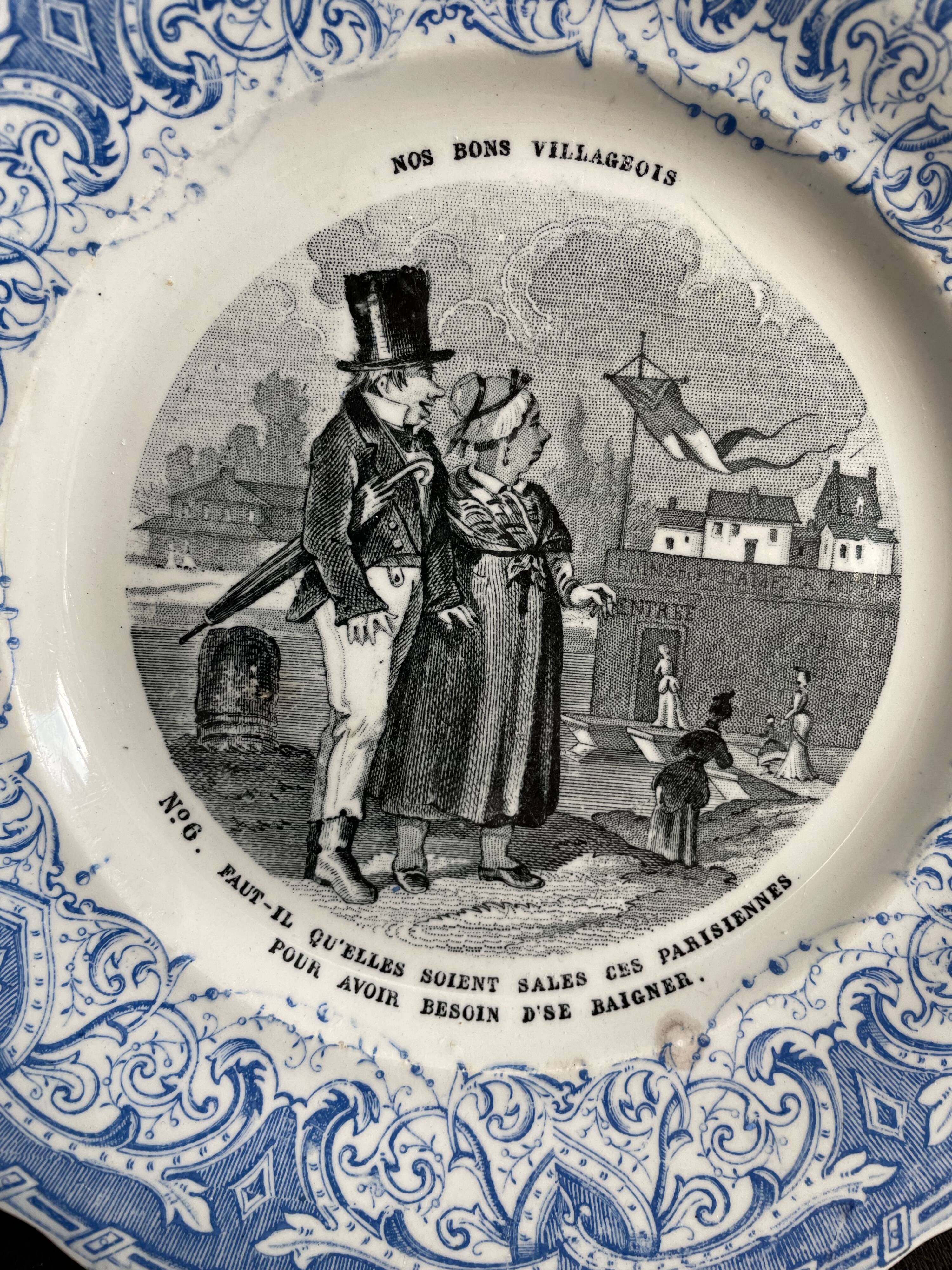 Set of 6 talking plates - creil and montereau France