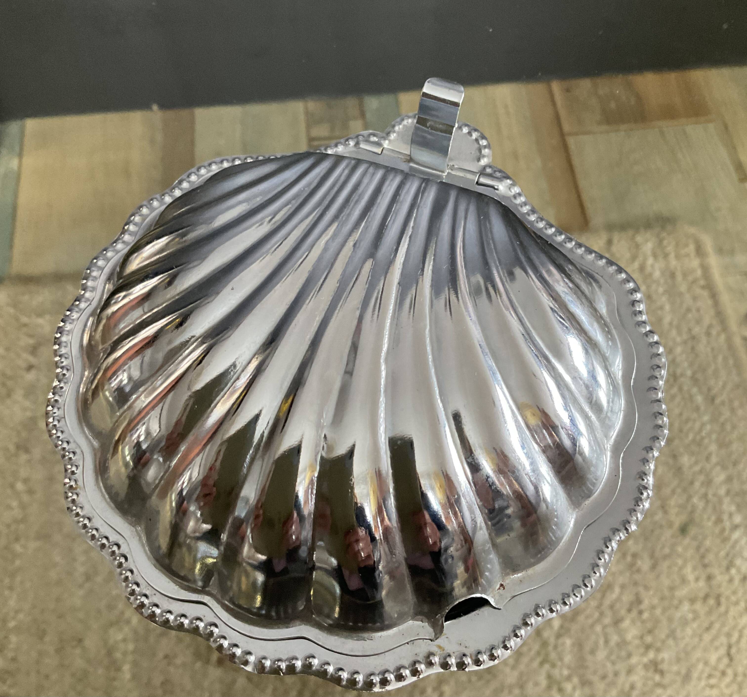 Vintage shell butter dish in glass and stainless steel