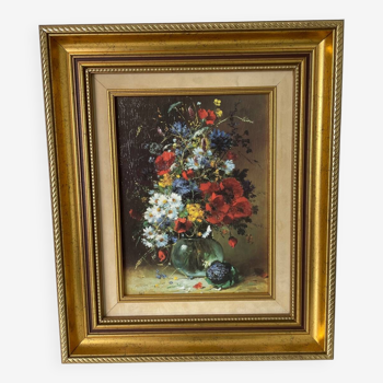 Huile sur toile reproduction Eugène Henri Cauchois de Fleurs Sauvages Dans Cadre Doré
