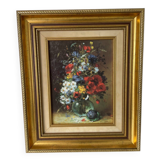 Huile sur toile reproduction Eugène Henri Cauchois de Fleurs Sauvages Dans Cadre Doré