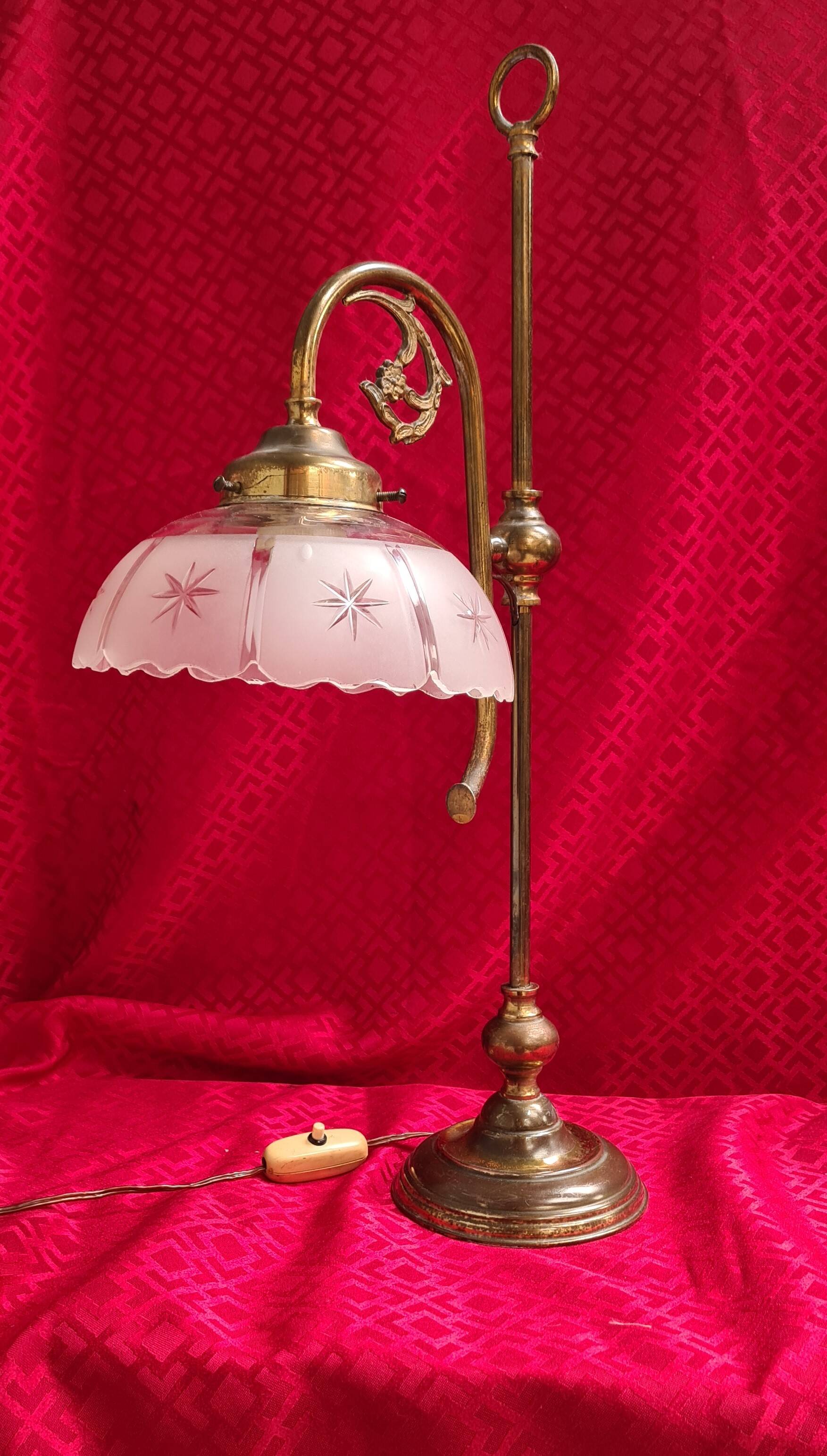 large 1900 brass lamp and cut and opaque glass lampshade, 53x25 original elec,