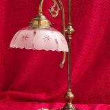 large 1900 brass lamp and cut and opaque glass lampshade, 53x25 original elec,
