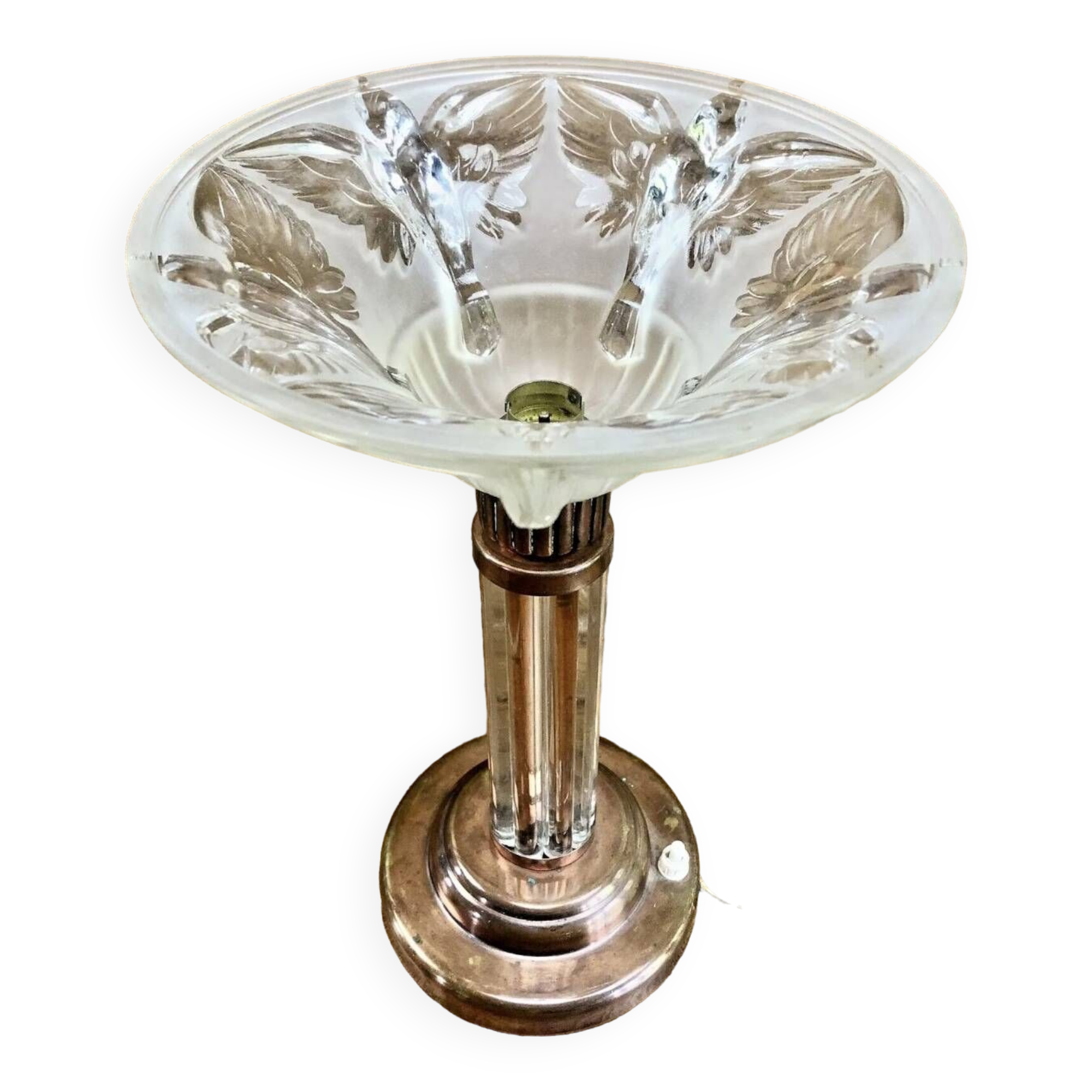 Art Deco lamp with glass tube base Petitot bird basin signed Jean Boris Lacroix