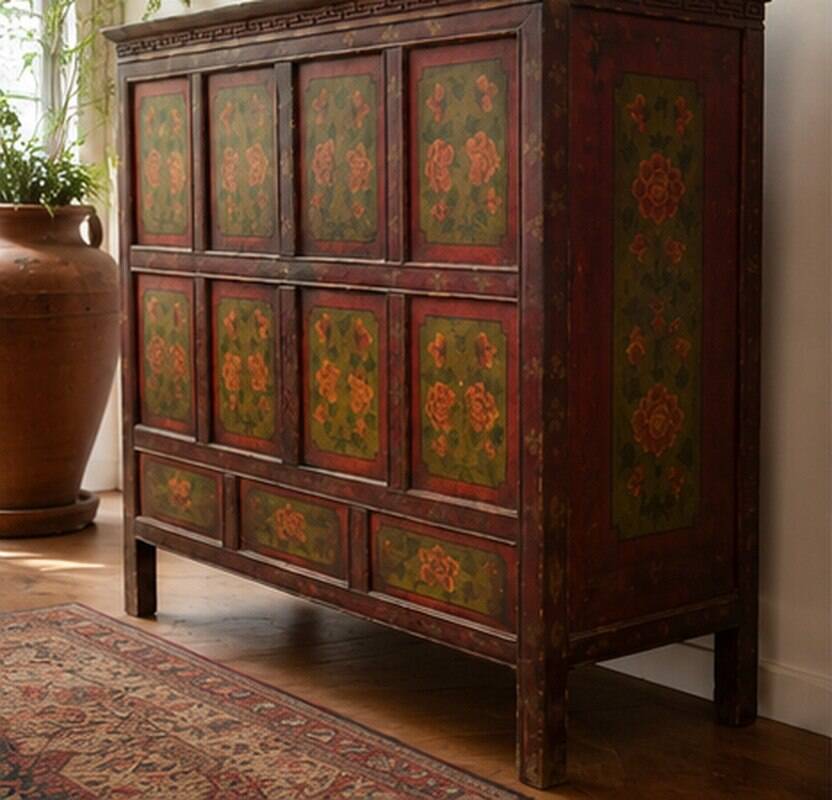 Antique Japanese Wooden Sideboard with Hand-Painted Floral Decorations