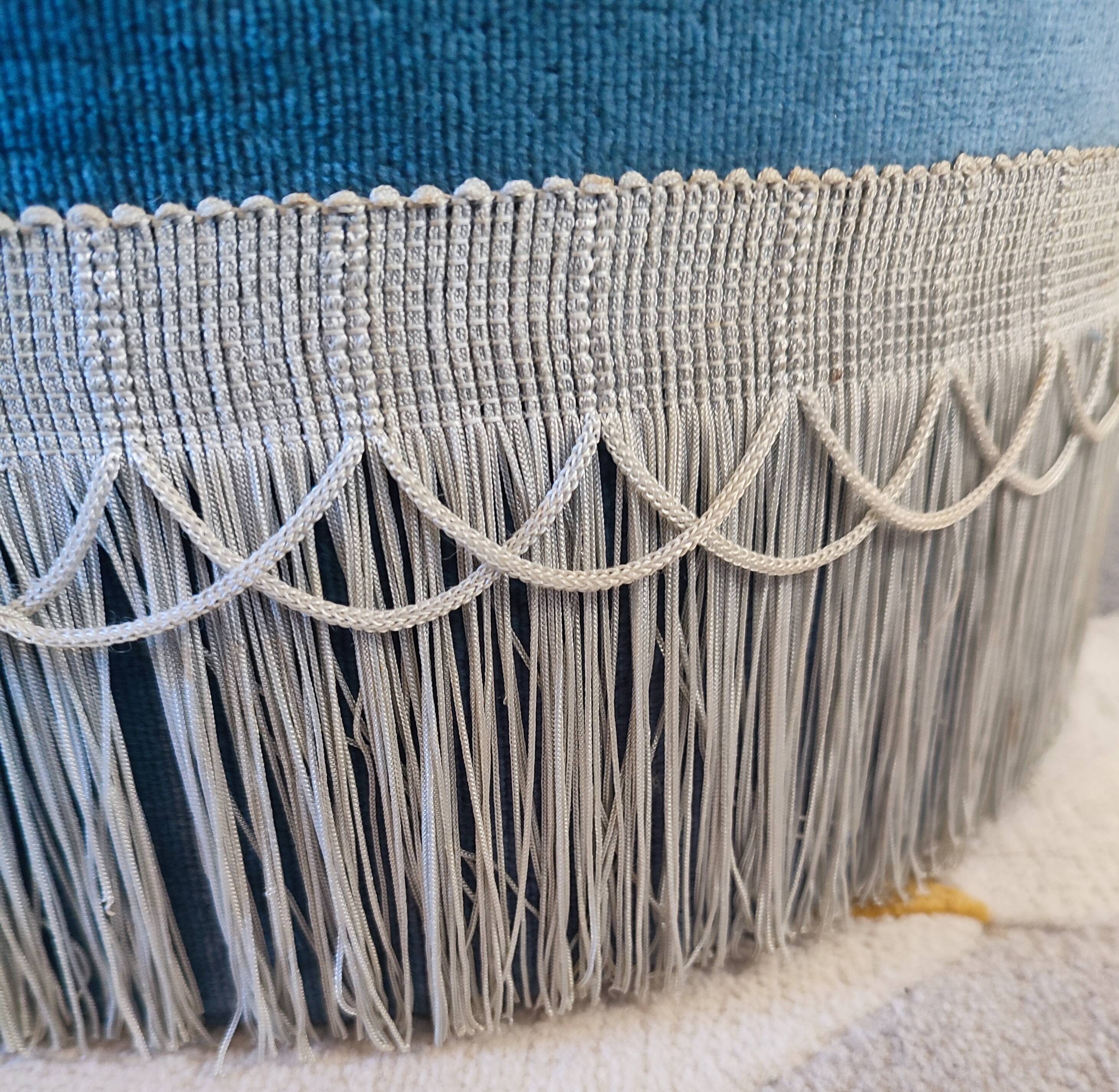 Pair of Crapaud armchairs and a vintage blue velvet pouf